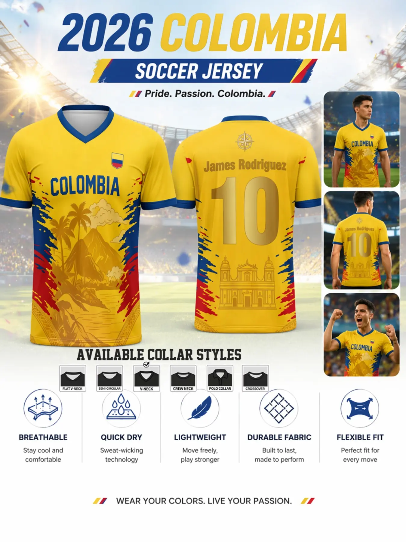 2026 Colombia Soccer Jersey, Short Sleeve High-Performance Football Top, Quick-Dry Breathable, Sporty Style, All Seasons