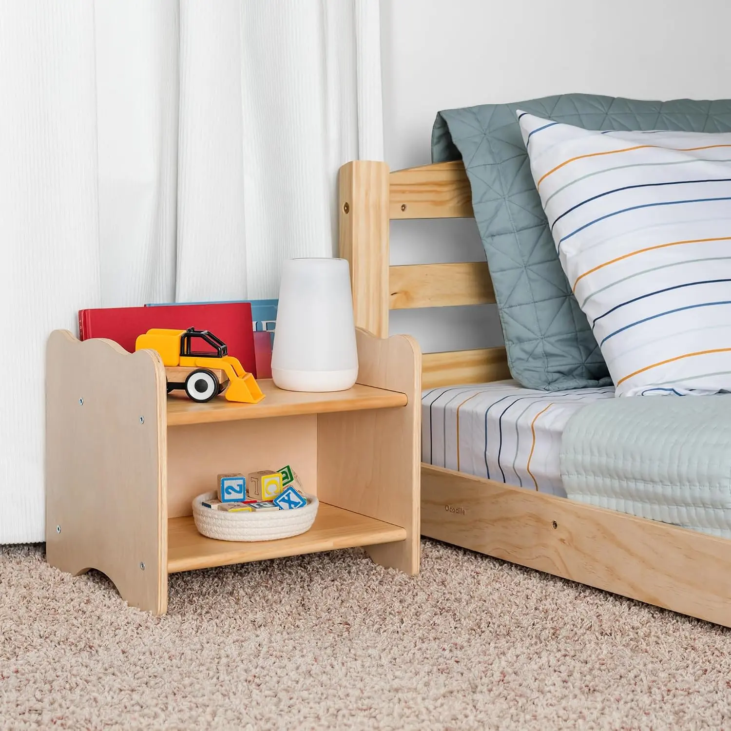Kids Nightstand for Floor Beds, Solid Wood Small Bedside Table with Book Pocket, Low Tiny Nightstand for Nursery, Toddler & Kids Room, Montessori Style Side Table - Varnished