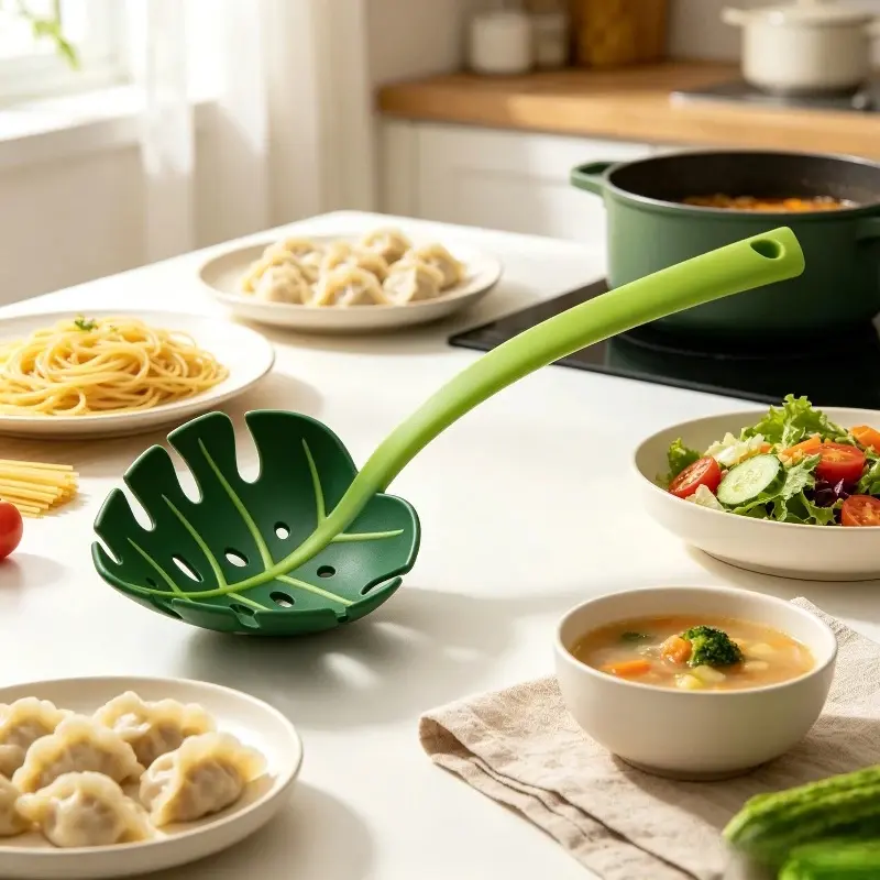 Green Leaf Colander Turtle Back Leaf Spoon Lo Noodle Colander Spoon, Noodle Spoon for Pasta Noddle Salad Soups, Harvest Festival Turtle Leaf Spoon, Halloween Supplies, Kitchen Supplies, Utensils, Spaghetti Spoon, Plastic Spoons