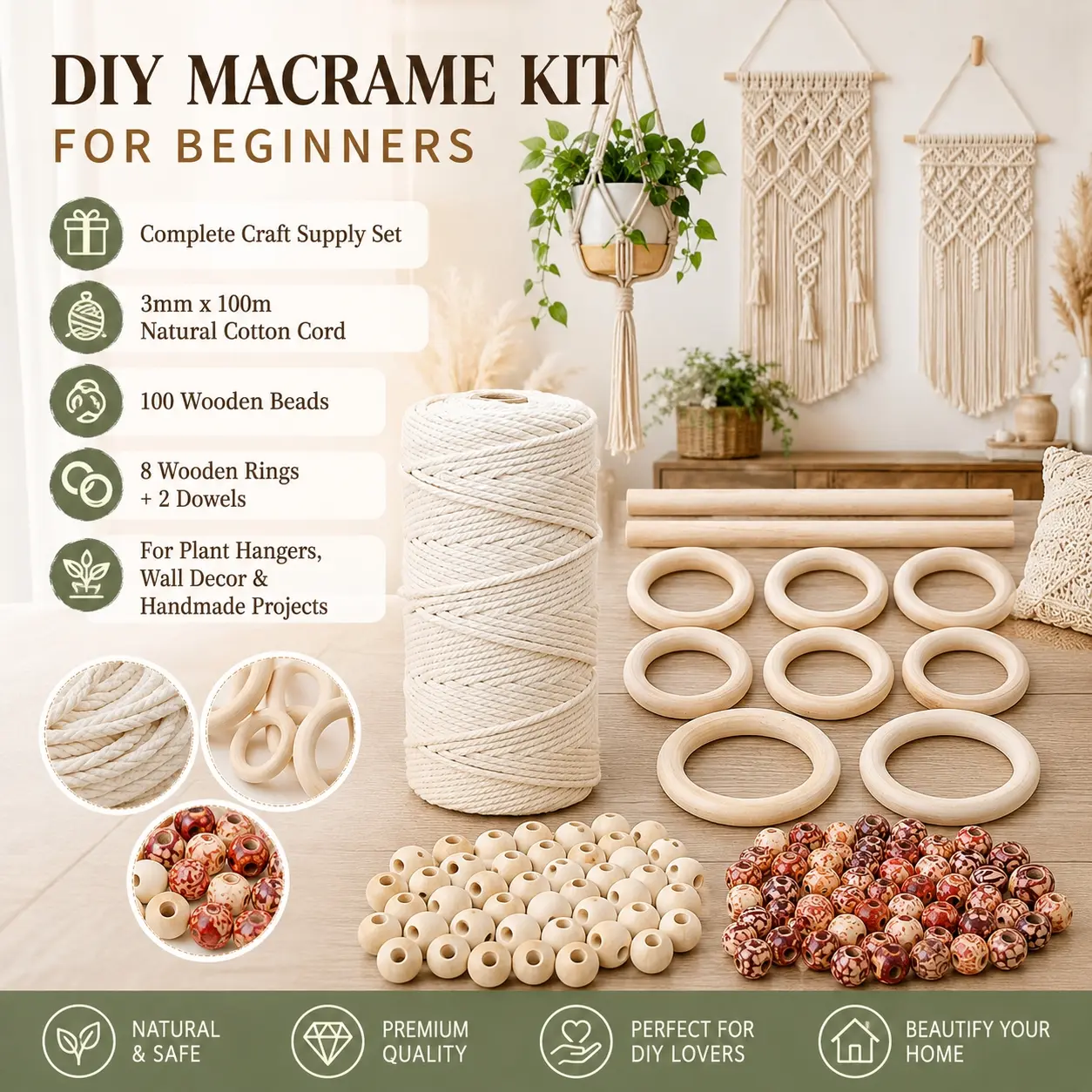 DIY Macrame Kit for Beginners, 3mm x 100m Natural Cotton Cord with 100 Wooden Beads, 8 Wooden Rings and 2 Dowels, Complete Macrame Supplies for Plant Hangers, Wall Hanging, Tapestry, Boho Home Decor and Handmade Craft Projects