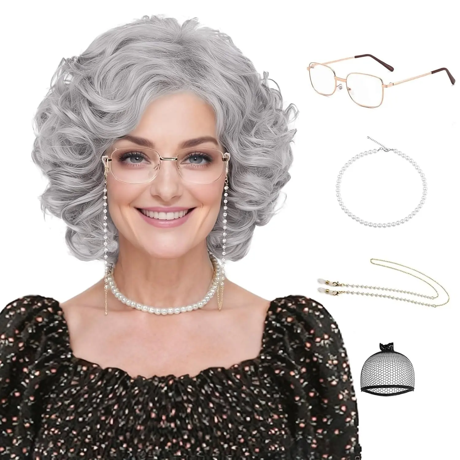 Gray Curly Grandma Wig Set with Accessories for Old Lady Costume, 100 Days of School, Cosplay Halloween Party - Silver Synthetic Wigs for Women (5pcs Set)(Gift)