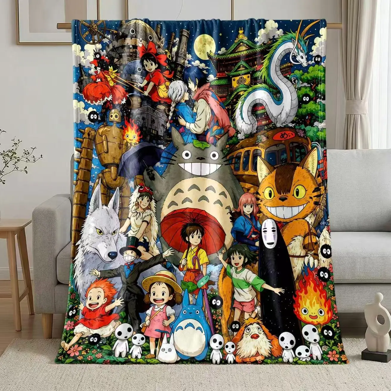 Studio Ghibli Anime "All Films" Characters Oversize Blanket, Cozy Cartoon Blanket, Soft Throw Blanket, Cozy Flannel Fleece, Soft Blankets, Ideal for Anime Nights, Home Decor, Perfect for Ghibli Collectors & Weebs