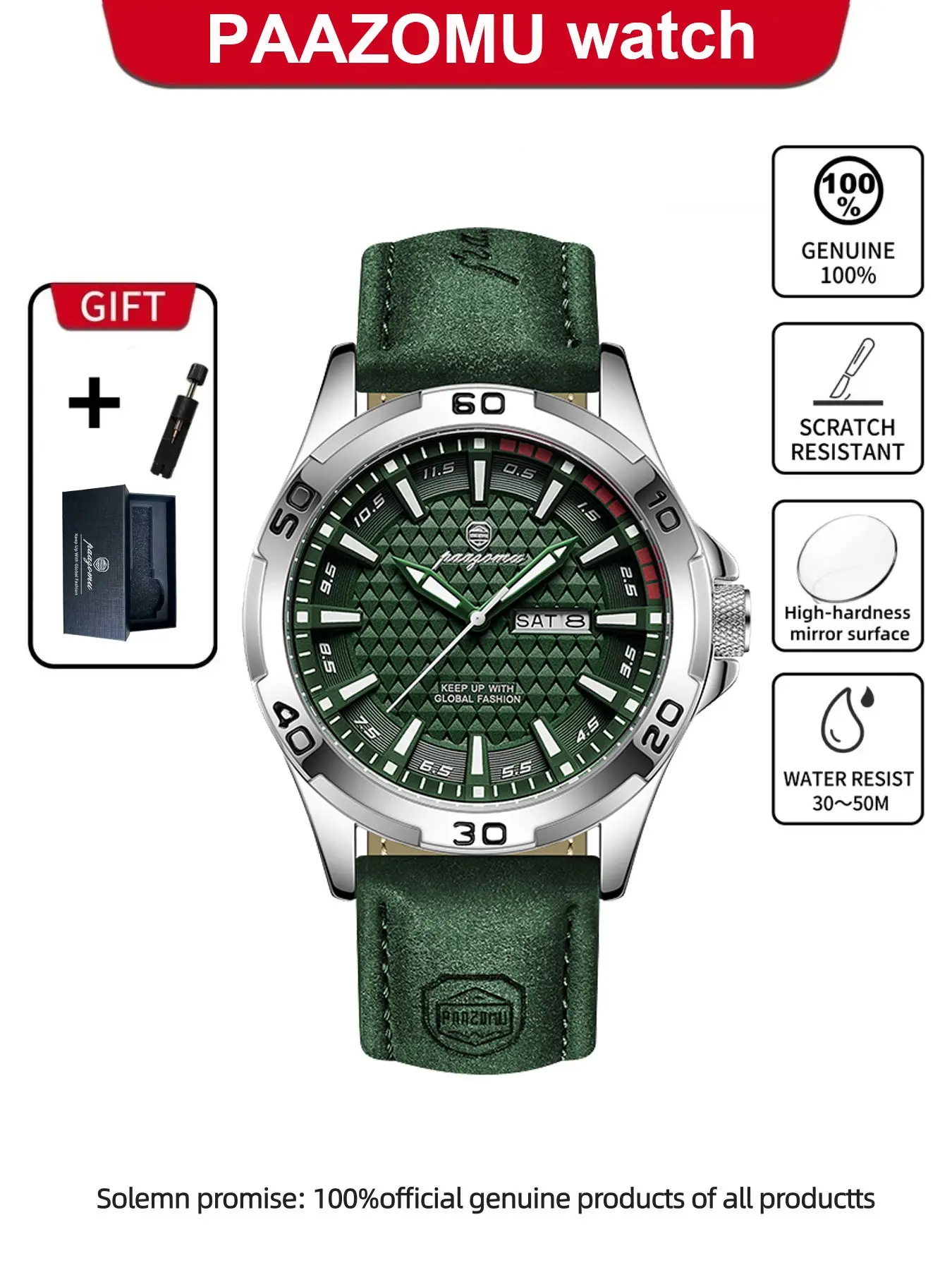 Paazomu Original Men's Wristwatch, Luxury Waterproof Luminous Date Week Watch, Quartz Sport Leather, Includes Box