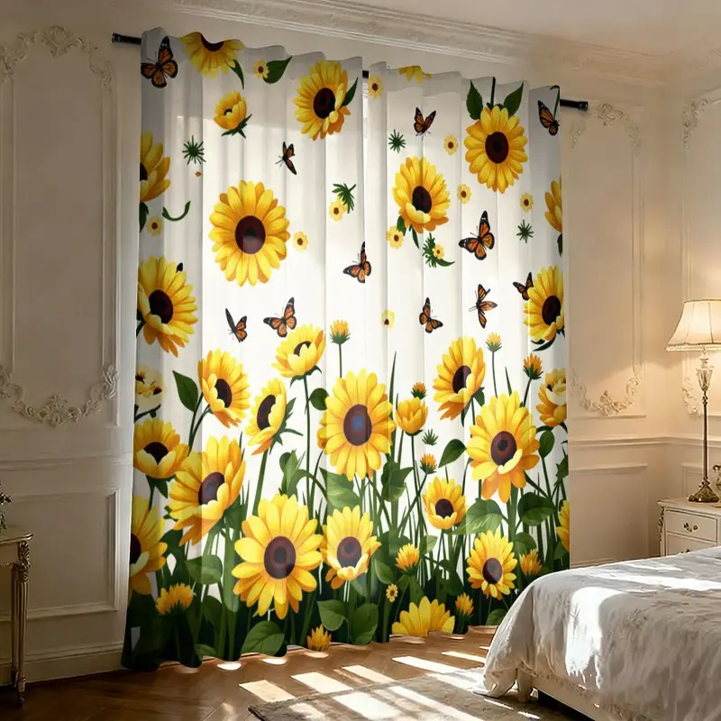2-piece set - Fresh Sunflower Print Semi-transparent window Curtains, Rod Bag Curtains, Window Drapes, Suitable for living room, bedroom, home decoration. Hand washable and machine washable. Non-fading, durable.