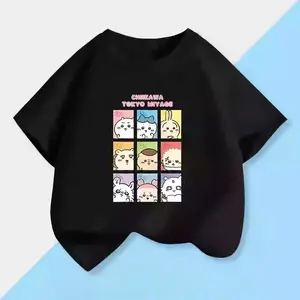 2026 Summer Chiikawa Tee 100% Cotton Tokyo Miyage Character Grid Print Black Loose Short Sleeve Unisex Casual Fashion Top
