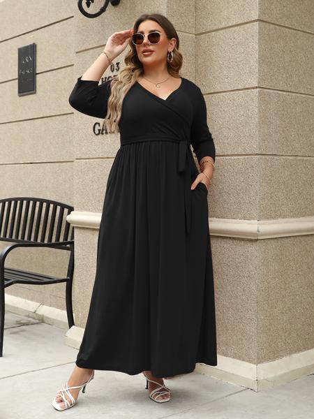 Women's V Neck Stretchy Casual Long Plus Size Dress, Perfect for Bridesmaids, Vintage Style Wedding & Party Wear, Comfortable All-Day Fabric