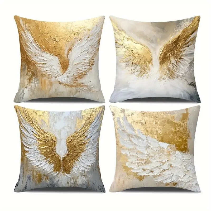 Modern Art Style Pillowcase Bedding, Golden and Wing Pattern, 4ps, 18inch, All Seasons, Decorative for Living Room Sofa, Home Decor