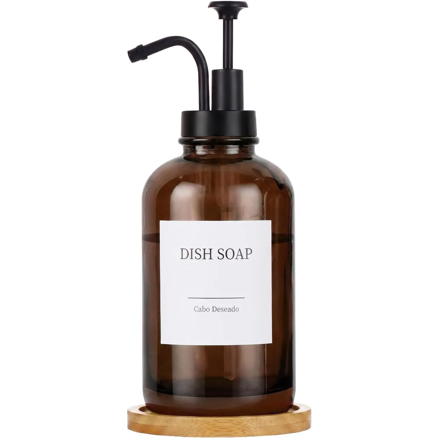 Glass Soap Dispenser with Pump, 18oz/500ml, Amber, Includes Bamboo Tray, Funnel, and 18 Labels for Kitchen and Bathroom