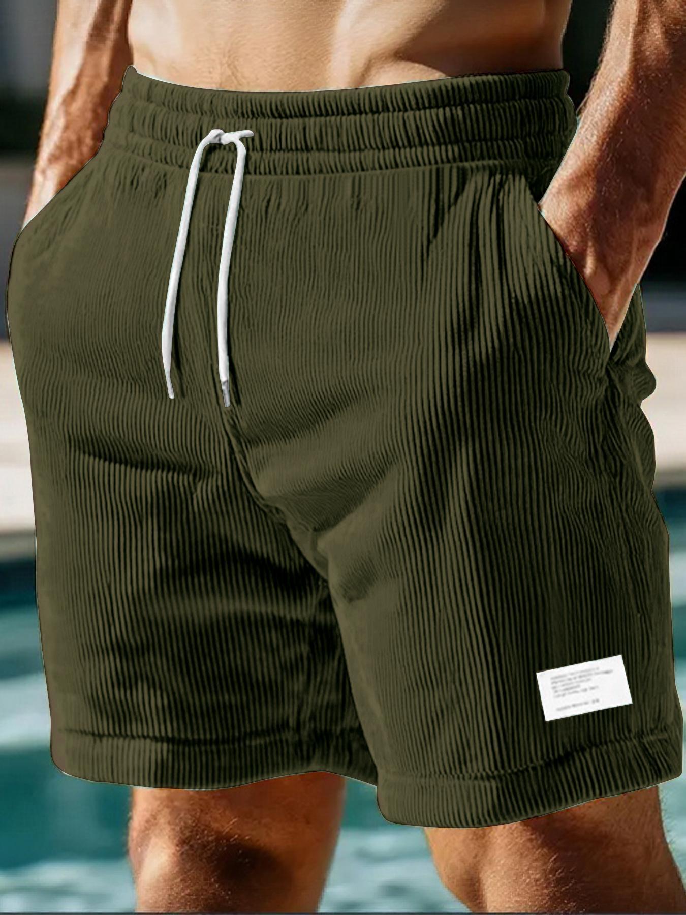 Men's Regular Fit Corduroy Shorts, Casual Comfy Swim Shorts for Summer, Men's Bottoms for Daily Outdoor Wear, Men's Shorts, Beach Outdoor Wear, Swimtrunks, Drawstring Swim Bottom, Solid Swim Shorts