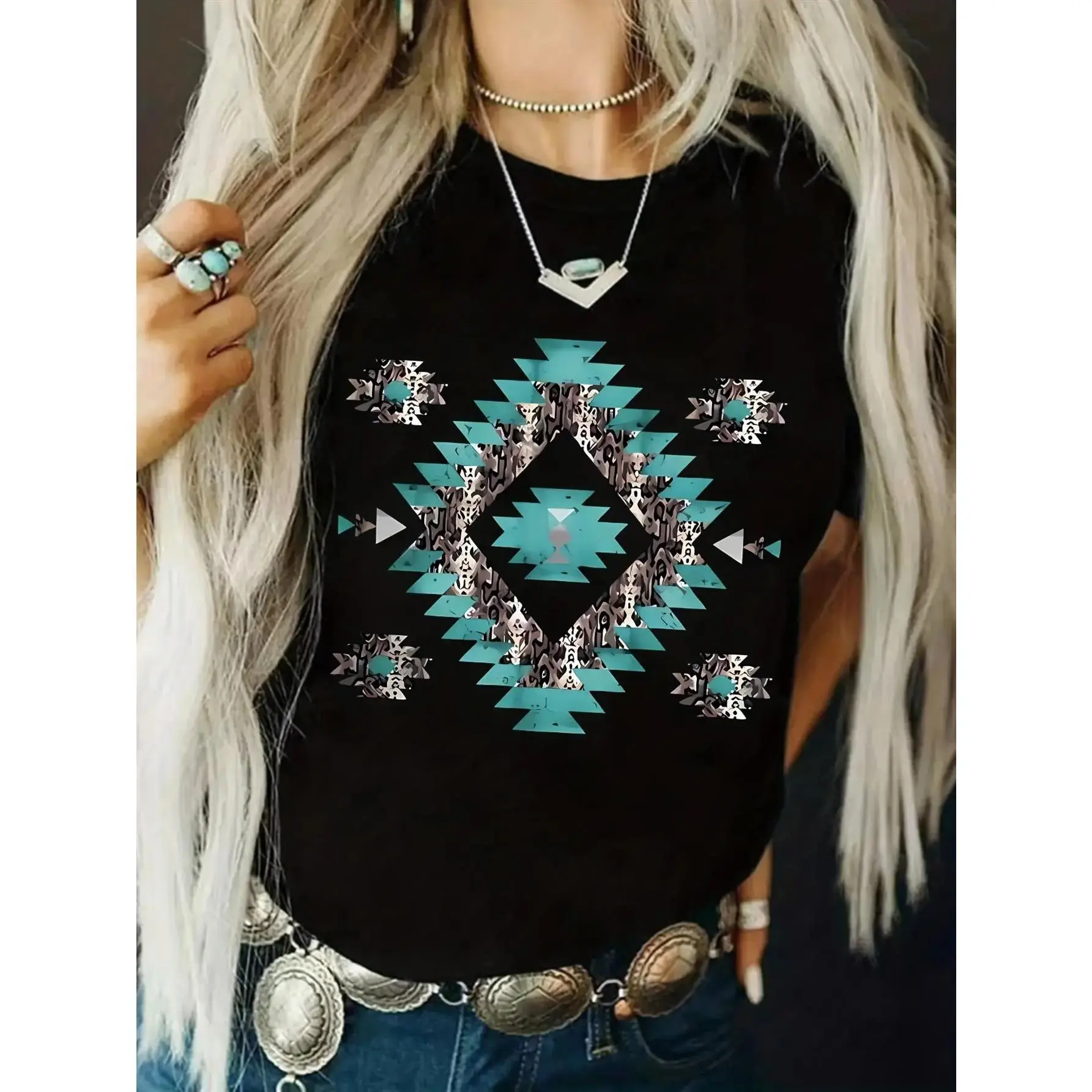 Women's Graphic T-Shirt with a Turquoise Animal Print Diamond Design - Casual Short Sleeve Western Boho Top in a Lightweight Breathable Fabric, Tshirt, Shortsleeve, Machine Wash, Lady, True Size, Round Neck, All Seasons, Standard, Do Not Tumble Dry, Diamo