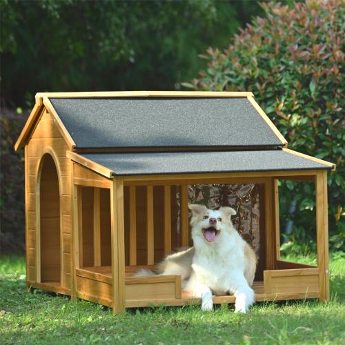 [Bellemave]60.2" Large Outdoor Dog House with Insulated Liner for Winter Waterproof Dog Kennel for Medium & Large Dogs, Dog House with Porch and Asphalt Roof and Elevated Floor, Nature