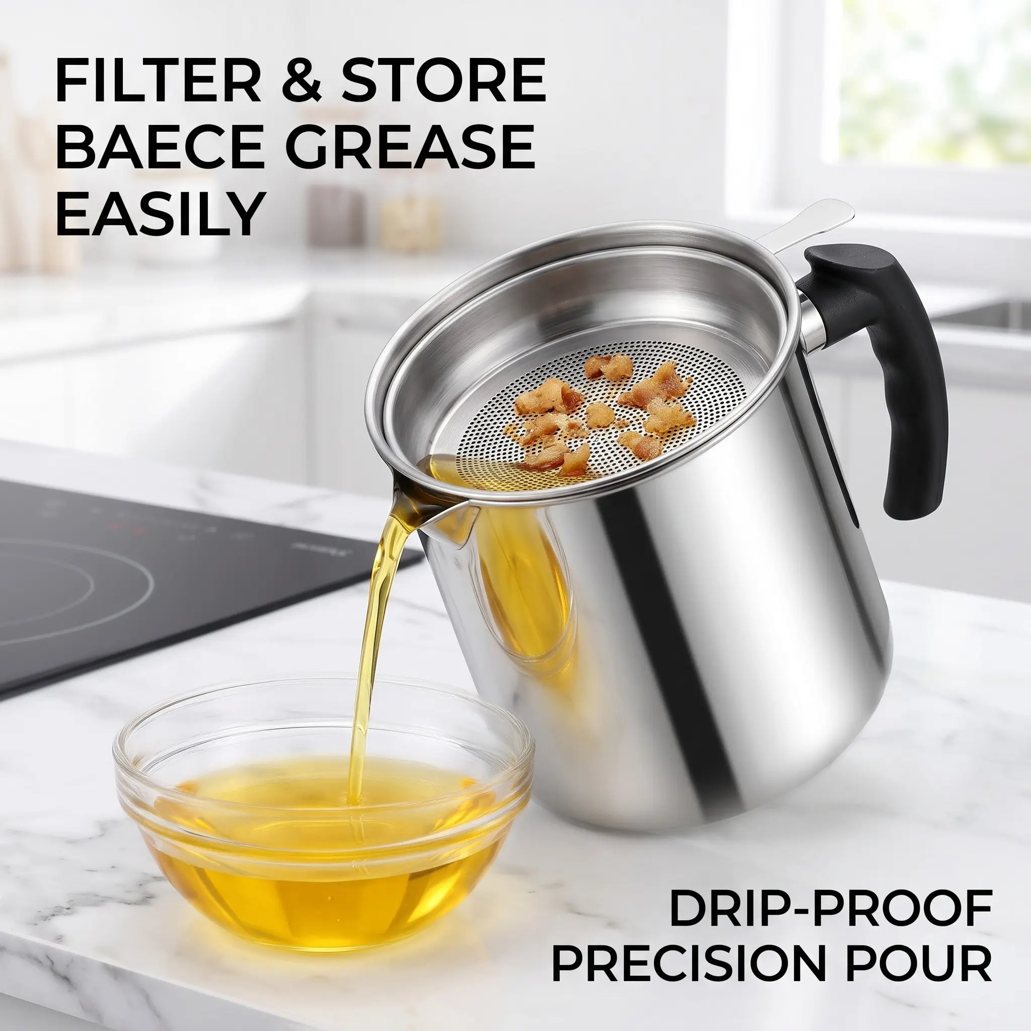 Stainless Steel Oil Filter Jug with Fine Mesh and Lid, Reusable Cooking Oil Storage Container, Kitchen Oil Filtration Leak-Proof, Strainer