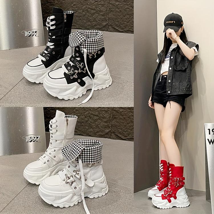 Chunky Platform Thick-Sole Height Increase 1.38 1.97 Lift Lace-Up Round-Toe All-Season All-Terrain Traction Low Heel Rubber Sole Fabric Upper Casual Athletic Wear Brown Black Easy-Clean Hand Washable