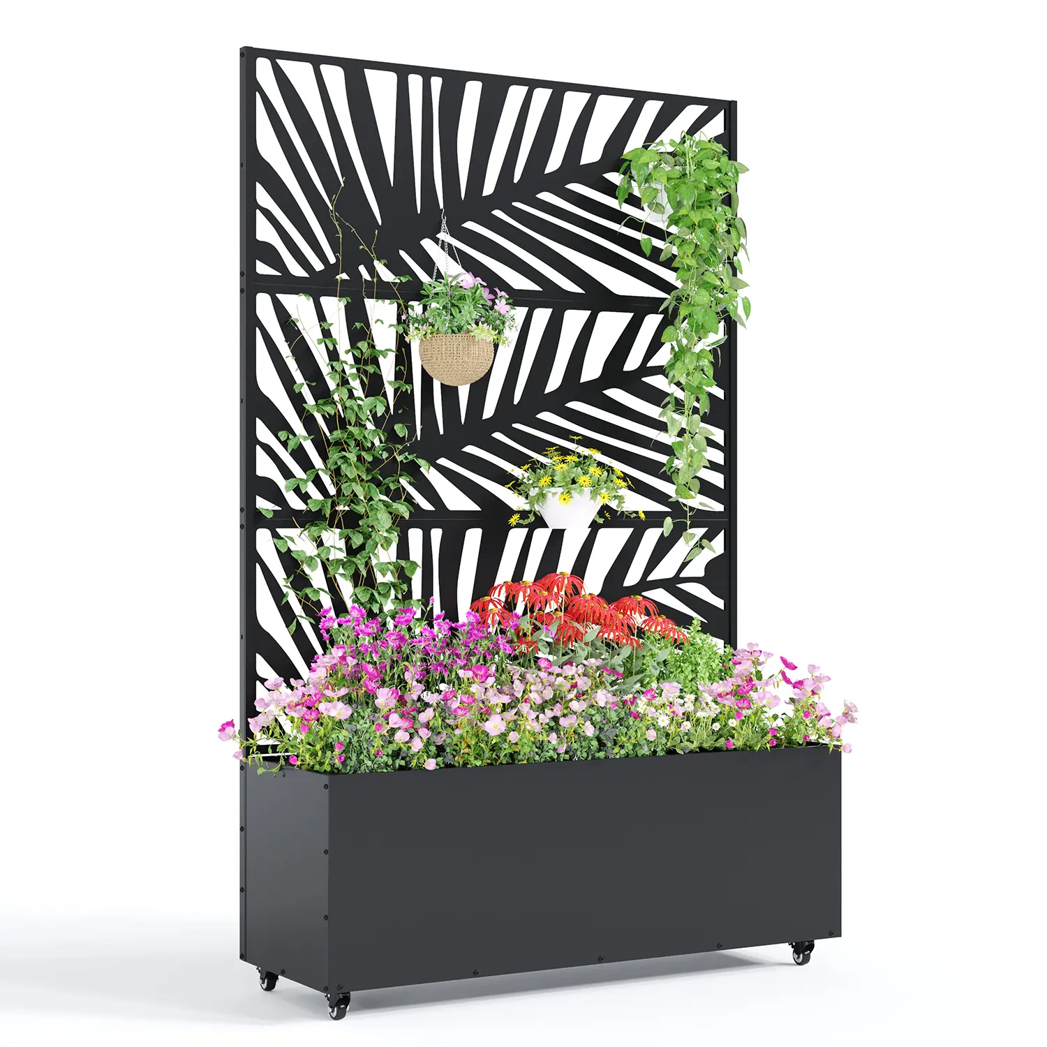 Modern Black Metal Raised Garden Bed with Trellis & Wheels, 15.7" Deep Planter Box for Climbing Vines & Privacy Screen, Birch Leaf Design
