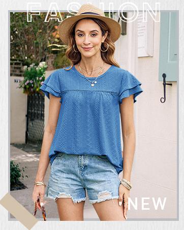 Women's Summer Tops Crewneck Eyelet Ruffle Short Sleeve Blouses Casual Babydoll Shirts 2025 S-2XL Lightweight Soft Knitted Fabric Trendy Babydoll Style