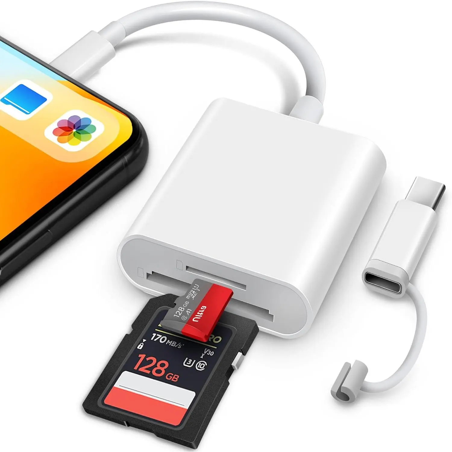 SD Card Reader for  iPad, & USB-C  Connector Memory SD Card Adapter, Support SD/MicroSD Cards,  Digital Trail  Camera to  Viewer, Plug and Play - White