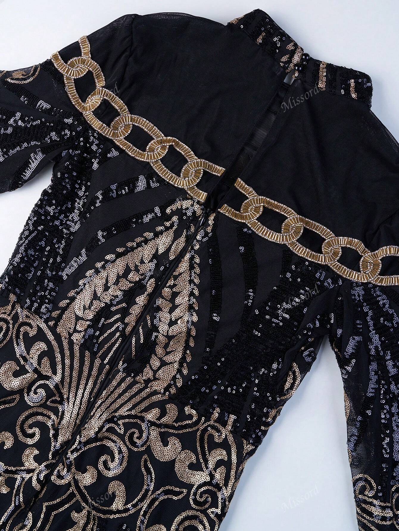 MISSORD Luxe Embroidered Ballon    DH80229 Formal Womenswear Fit  for Wedding Guest Graduation Dinner Black Floral Baroque evening maxi rehearsal dress long sleeve pram