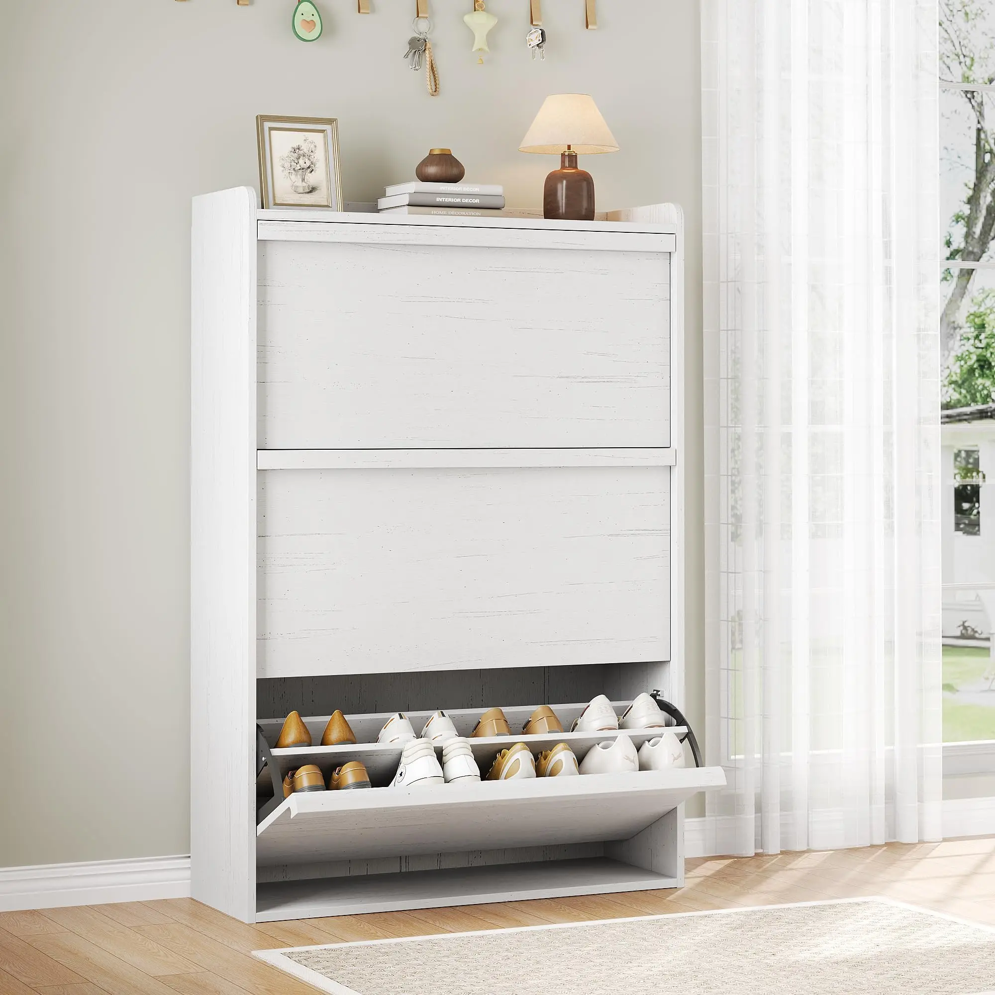 GARVEE Compact Wooden Shoe Rack Organizer - Single Unit with Foldable Drawers, Adjustable Shelf, Adjustable Racks, Fits 12-16 Pairs for Entryway Home Storage