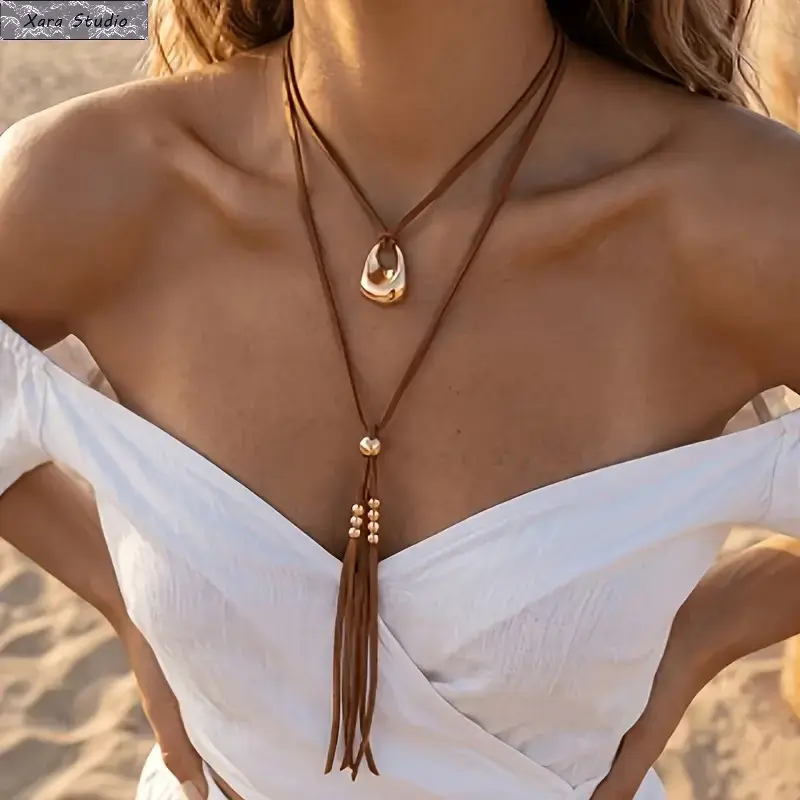 Women's Boho Layered Brown Leather Choker Necklace - Western Tassel Detail Lariat Form Y Necklace with Gold Teardrop Pendant, Adjustable Fit Statement Jewelry for Festival Outfits, Cowgirl Looks, Layered Look