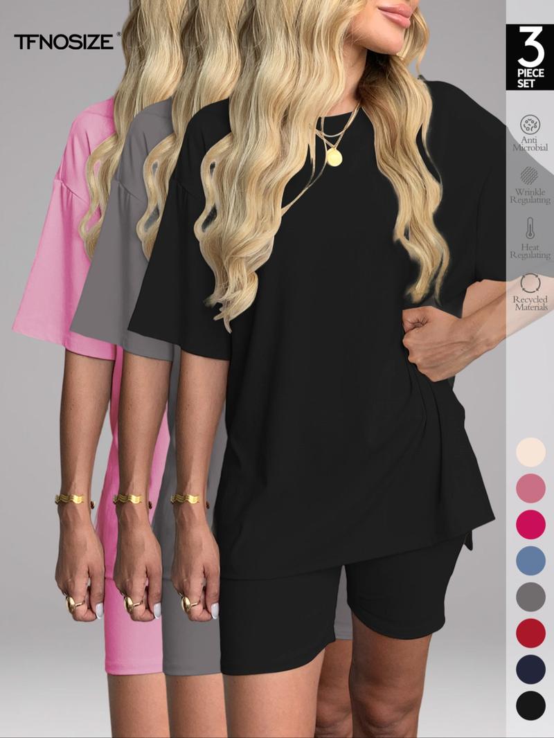 Women's Solid Color Tee & Skinny Shorts Loungewear Set, Fashion Casual Comfy Round Neck T-shirt & Shorts PJ Set, Ladies Sleepwear for Summer, Pajama, Soft Lounge Sets, comfyessentials, giftideas,summersale,pjs,nightwear,sleepwearfashion