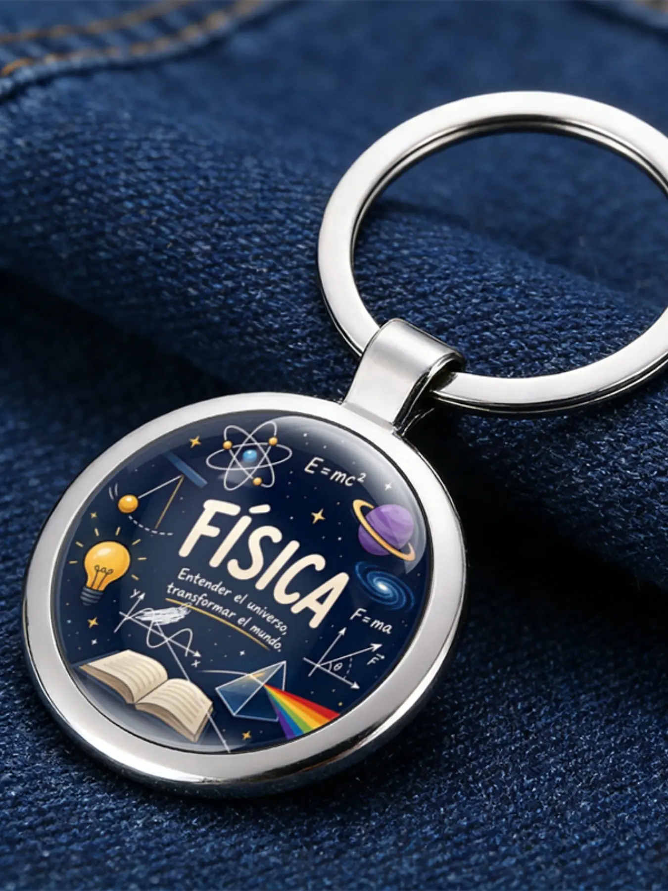 Spanish Physics 2D Flat Pattern Round Keychain, Scientific Universe Formula Key Ring, Atomic Planet Prism Educational Backpack Charm, Stem Gift