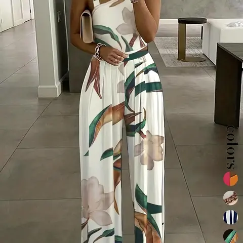 Women's Floral Print Ring Linked Asymmetrical Neck Sleeveless Plicated Slim Fit Jumpsuit Romper, Boho Casual High Waist Wide Leg Jumpsuit for Summer