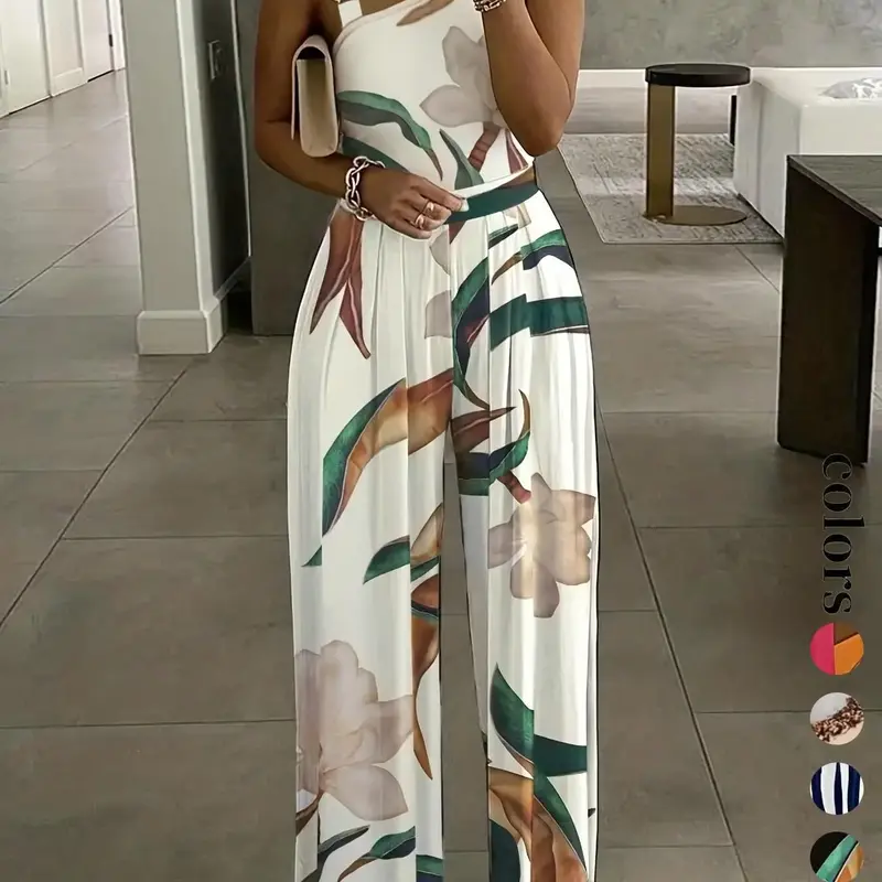 Women's Floral Print Ring Linked Asymmetrical Neck Sleeveless Plicated Slim Fit Jumpsuit Romper, Boho Casual High Waist Wide Leg Jumpsuit for Summer