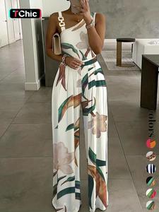 Women's Floral Print Ring Linked Jumpsuit, Boho Asymmetrical Neck Plicated Wide Leg Jumpsuit, Fashion Ladies' Summer Clothes for Beach Holiday Vacation
