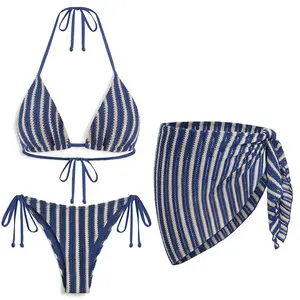 Women's Three Piece Sexy Triangle Crochet Bikini Set - Halter Tie Side Swimsuit with Cover Up for Beach Vacation  SwimWeek  summervibes