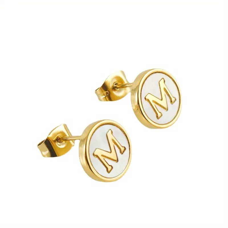 18K Gold Plated A-Z Initial Letter Stud Earrings for Women, Mother of Pearl Inlaid Round Earrings, Y2K Vintage Hip Hop Trendy Unique Statement Jewelry, Hypoallergenic Tarnish Proof, Christmas Halloween Birthday Valentine Anniversary Gift, Daily Party Wear
