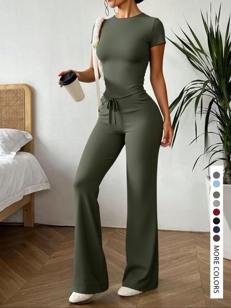 Two-piece Set Women's Solid Top & Pants, Elegant Fashion Casual Set for Daily Outdoor Wear, Women Clothes for Summer,Two-piece Set Women's Solid Top & Pants, Elegant Fashion Casual Set for Daily Outdoor Wear, Women Clothes for Summer,Airport Outfit