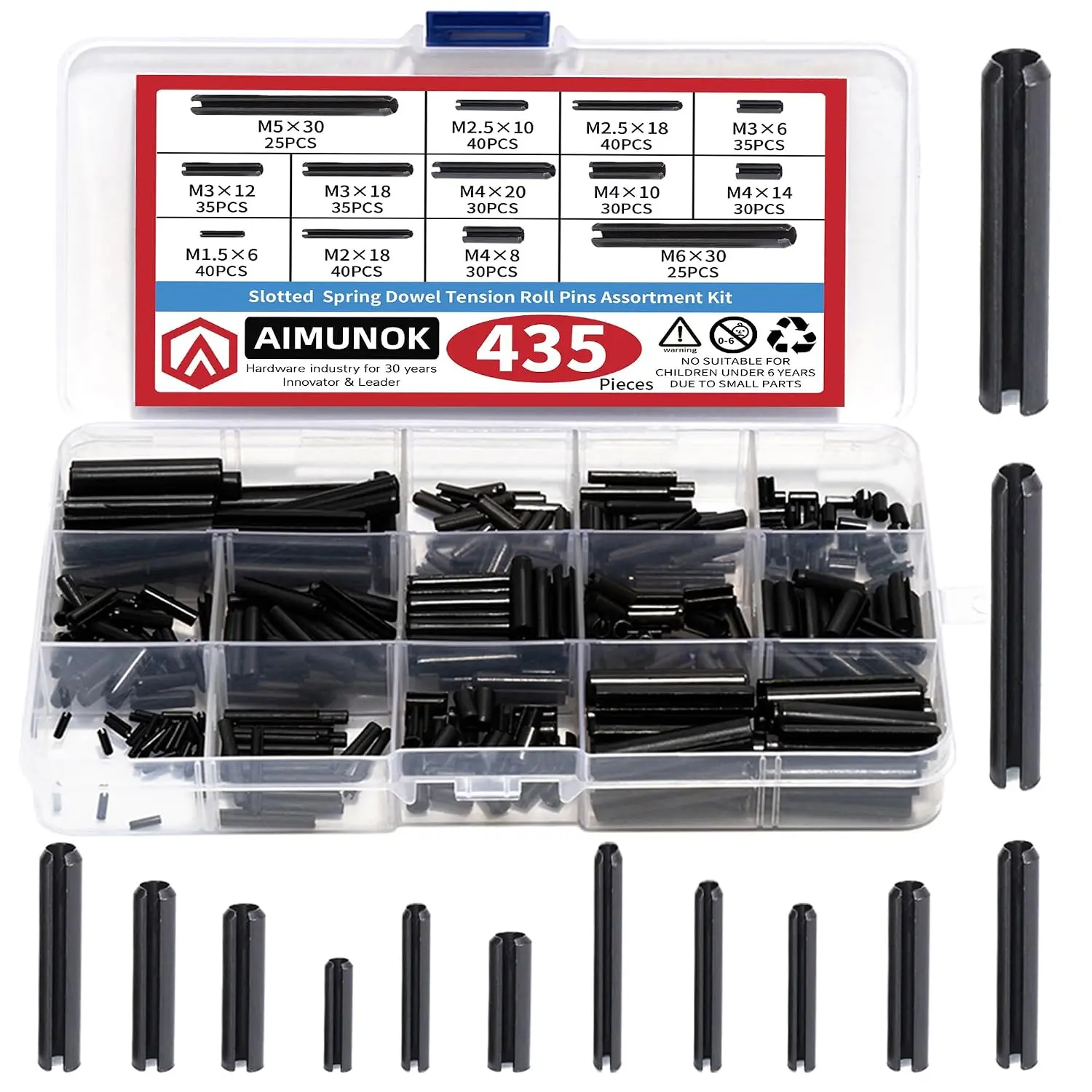 435pcs Roll Pin Assortment Kit -M1.5 to M6 Sizes (13 Types)| Slotted Tension Pins, Split Dowels & Expansion Pins -for Fastening