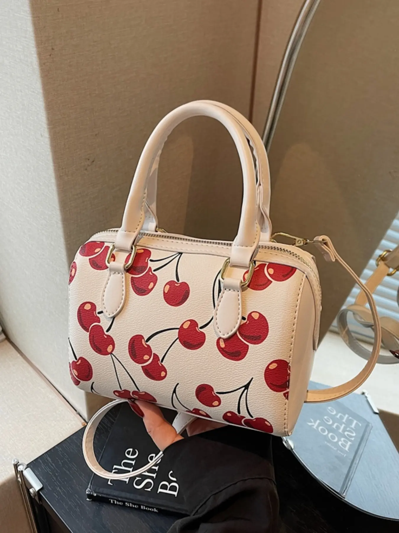 New Valentine's Day Gift Cherry Print Handbag, Korean Style Casual Versatile Crossbody Bag, Perfect for Shopping, Outdoors, Christmas Gifts, Casual Crossbody Bags