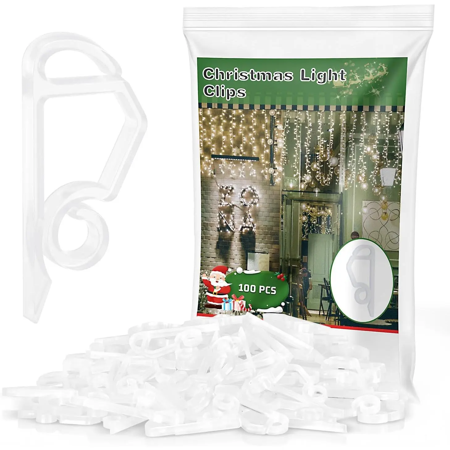 Christmas Light Clips, Plastic Gutter Clips, Clear, 100 count | Weatherproof, Compact Discreet Look, Suitable for  Outdoor Holiday Seasonal String Lights