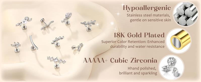 9Pcs Flat Back Cartilage Earrings for Women Trendy 16G Tragus Conch Helix Piercing Jewelry Stainless Steel Snake Star CZ Flat Back Stud Earrings Set Body Jewellery