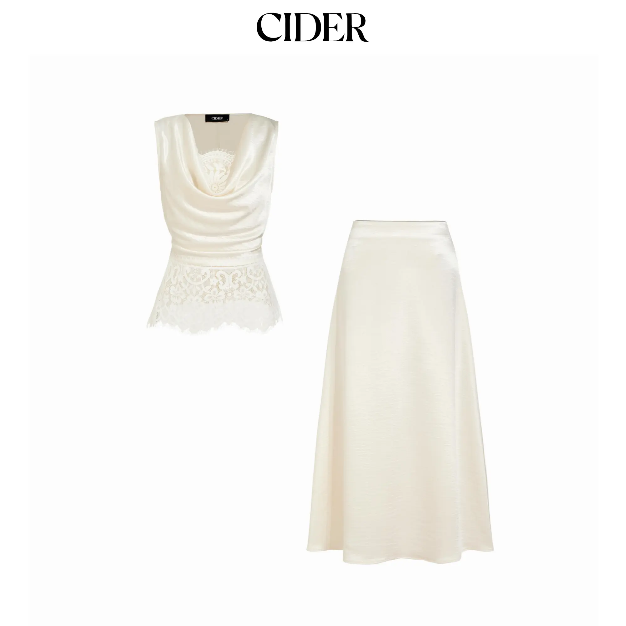 Cider Satin Cowl Neck Lace Panel Top & Mid Rise Flared Maxi Skirt Set SohoChic