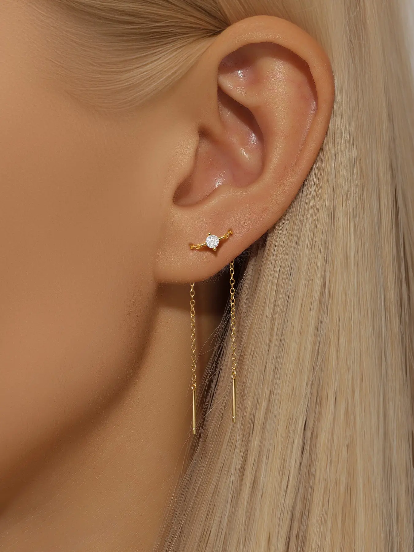 1Pair 925 Sterling Silver Four-Prong Setting Cubic Zirconia Tassel Double Chain Stud Earrings, Cubic Zirconia Studs, Hypoallergenic Cartilage Helix Lobe Piercing Jewelry Suitable For Women Daily, Dates, Party, Holiday Gift