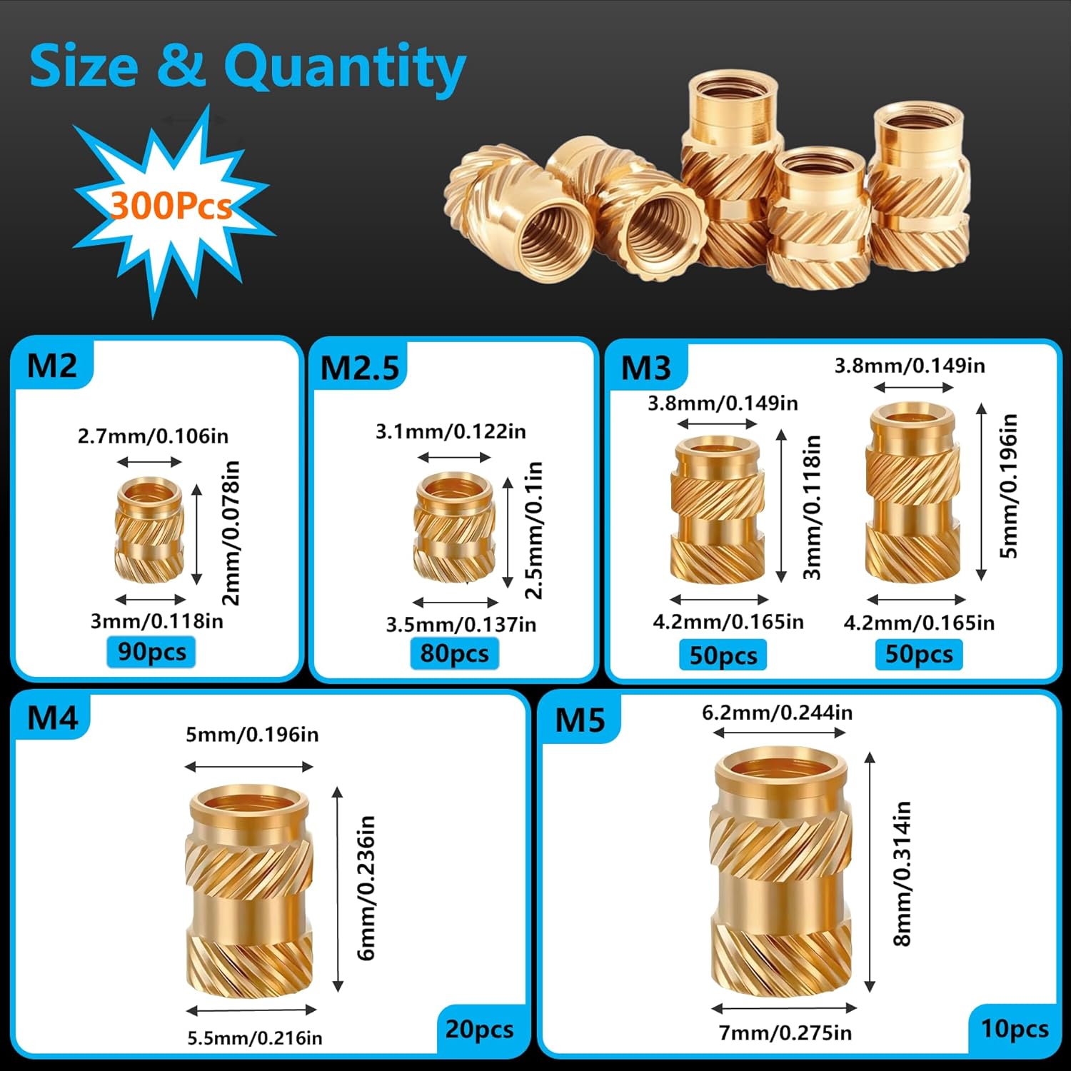300+6Pcs M2 M2.5 M3 M4 M5  Brass Threaded Inserts, Metric Brass Knurled Nuts Assortment Kit, with Heat Set Insert Tool, for Plastic and  Printing Components, -in- Solutions