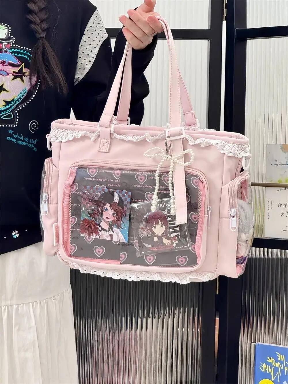 Japanese Sweet Women Ribbon Ita Bag Fashion Large Capacity Tote Bag Aesthetic Shoulder Bag Cute Lolita Girl Transparent Handbags