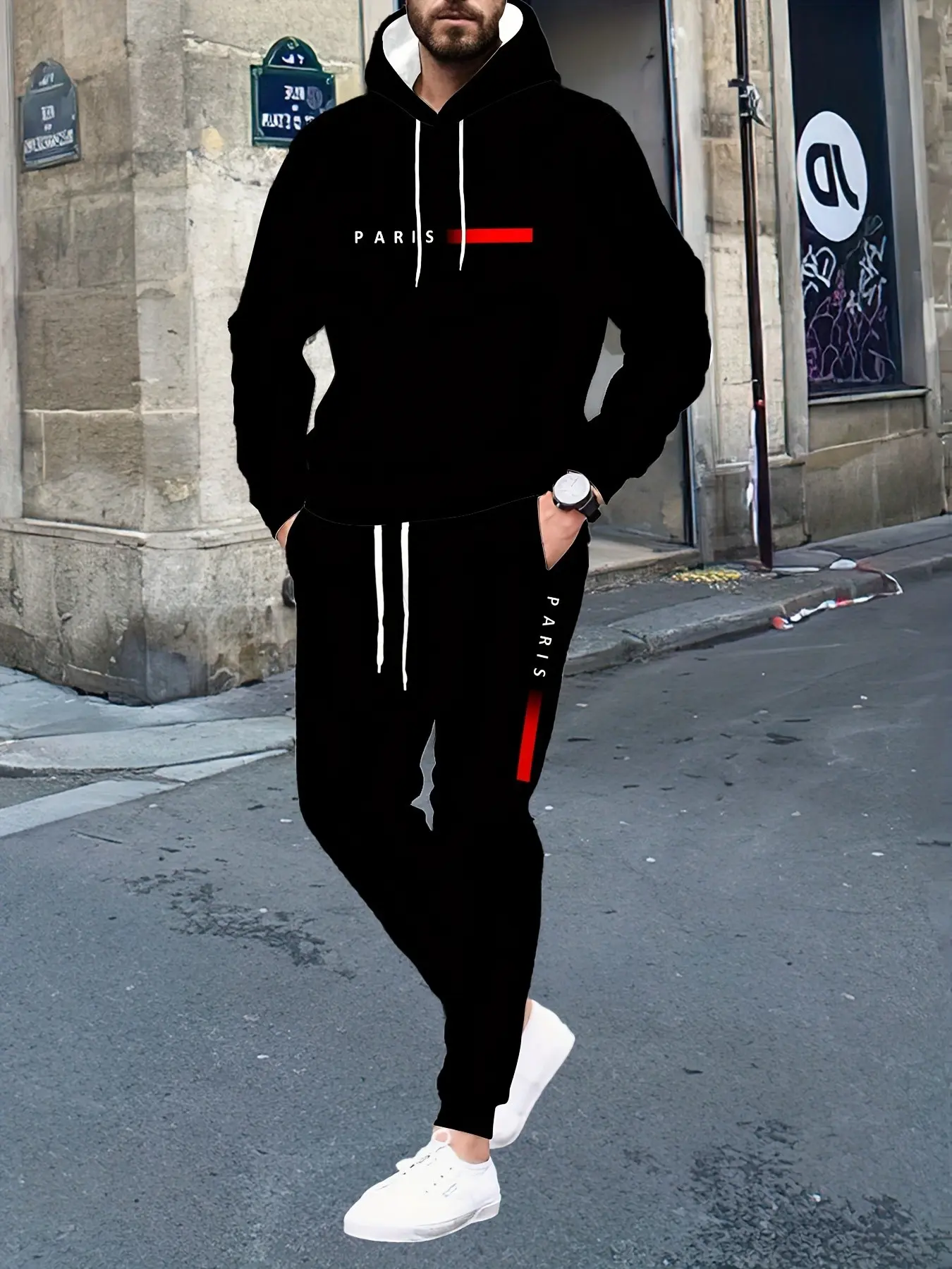 Men's Paris Letter and Stripe 3D Print Pullover Hoodie and Sweatpants Set, Casual Fitted Colorblock, Fall & Winter