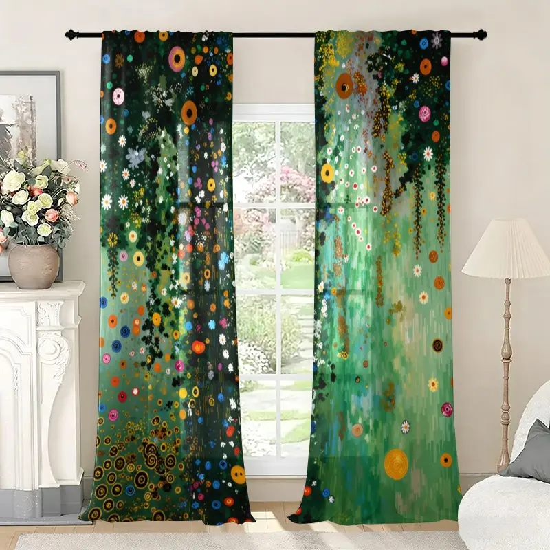 2 pieces of forest-themed floral printed sheer curtains, Window curtains, semi-transparent privacy protection, fade-resistant, easy to clean, suitable for bedroom and living room home decoration