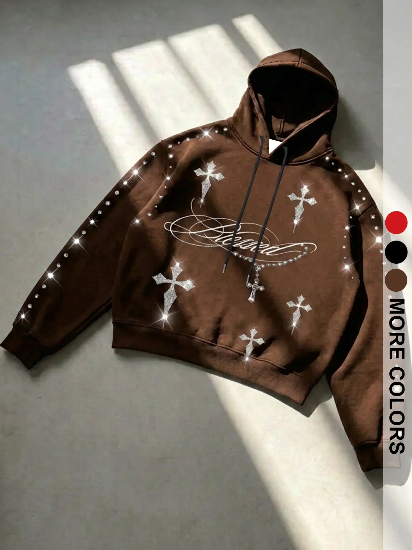 American Punk Rhinestone Cross Hoodie, Silver Color Cross + Rhinestone Chain Design, Loose-Fit Long Sleeve Sweatshirt for Spring & Fall
