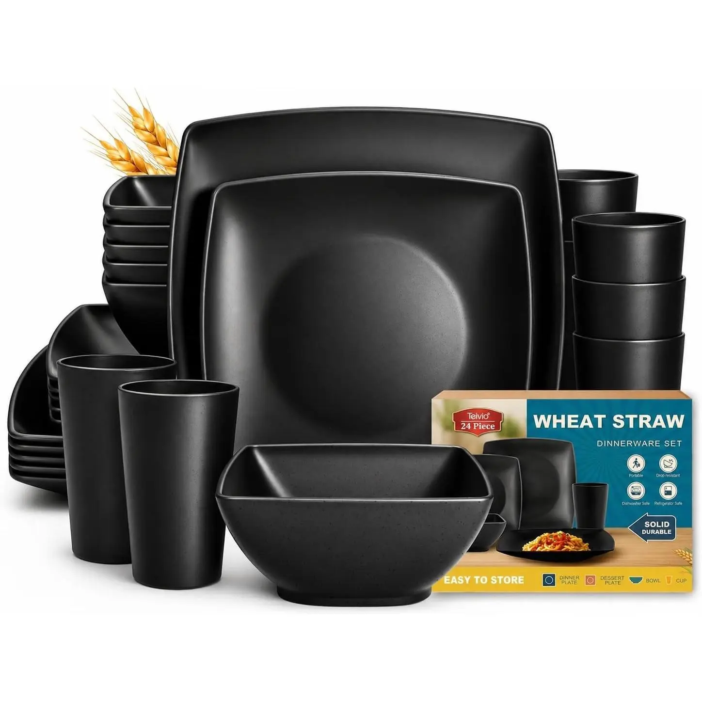24-piece Plates and Bowls Sets for 6, Black Square Dinnerware Sets
