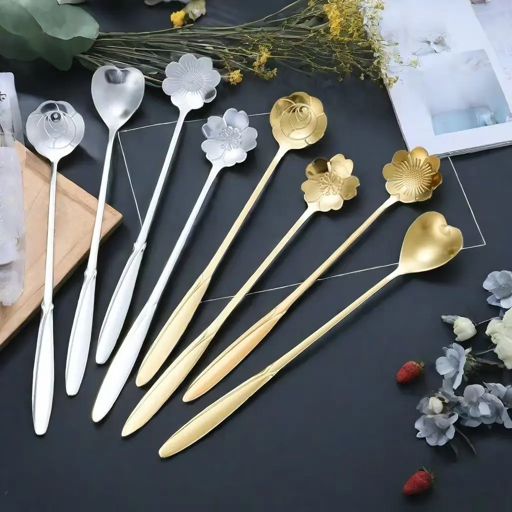 Stainless Steel Flower Coffee Spoon, Long Handle Heart Rose Cherry Small Spoon, Sweet Treat Stirrer, Home Milk Tea Honey Scoop Gift Set