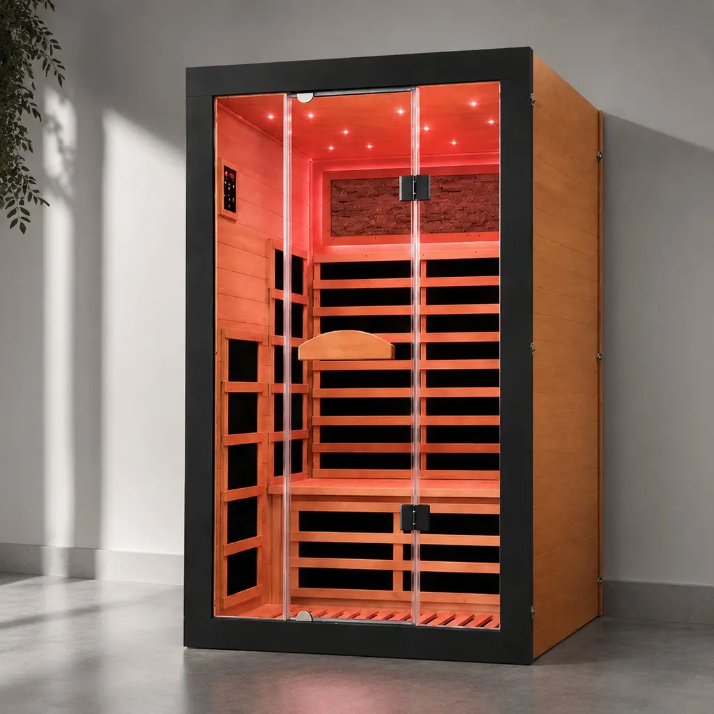 ARCH Double O'Guman Far Infrared Home Sauna Room - Okoume Wood Dry Sauna for Recovery & Relaxation, AC110V 2000W, American White Oak Finish, Dual Bluetooth Speakers, Ambient Lighting, Reading Light, 74.8 x 47.3 x 47.3 inches