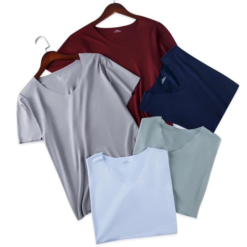 Kyn Apparel 2026 Men's Thin Short Sleeve Ice Silk Without Summer Solid Color T shirt Trace Slim V-neck Bottoming Seamless short sleeve