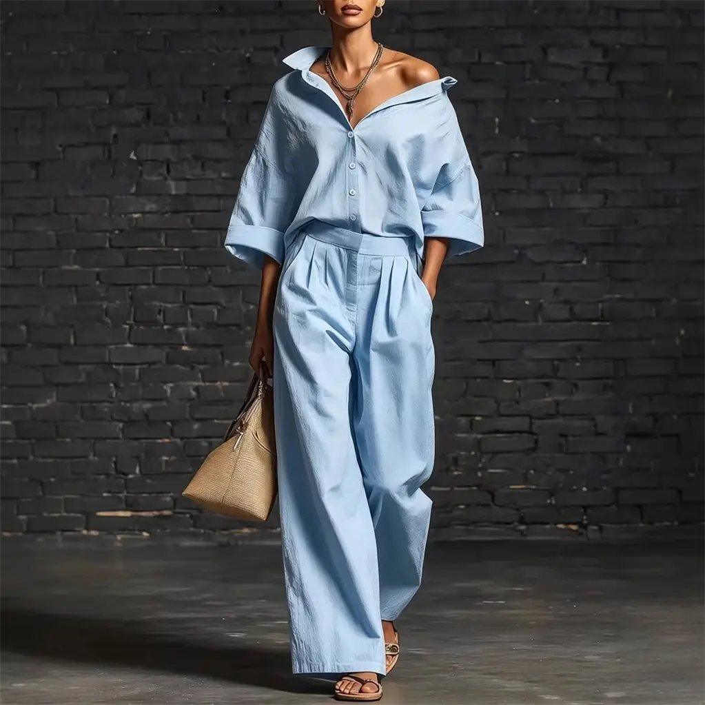 Women’s Off Shoulder Long Sleeve Shirt and Pants Set, Casual Loose Fit Two Piece Outfit, Elegant Matching Set with Wide Leg Trousers, Lightweight Comfortable Loungewear for Daily Wear, Travel, Vacation and Weekend Style
