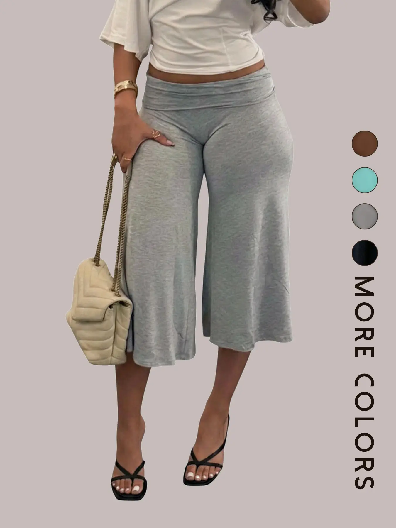 Women's Solid Color Knit Wide-Leg Capri Pants, Stretchy Mid-Waist Loose-Fit Bottoms, Casual Summer Pants for Leisure Activities, Comfortable and Stylish Clothes