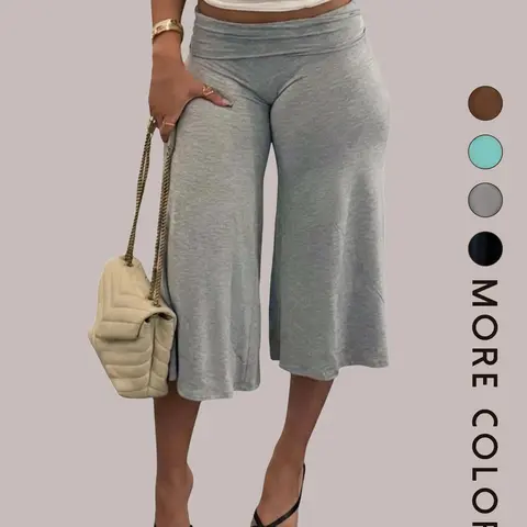 Women's Solid Color Knit Wide Leg Capri Pants, Loose-Fitting Mid Waist Elastic Waist, Casual Everyday Over-The-Knee Leisure Pants