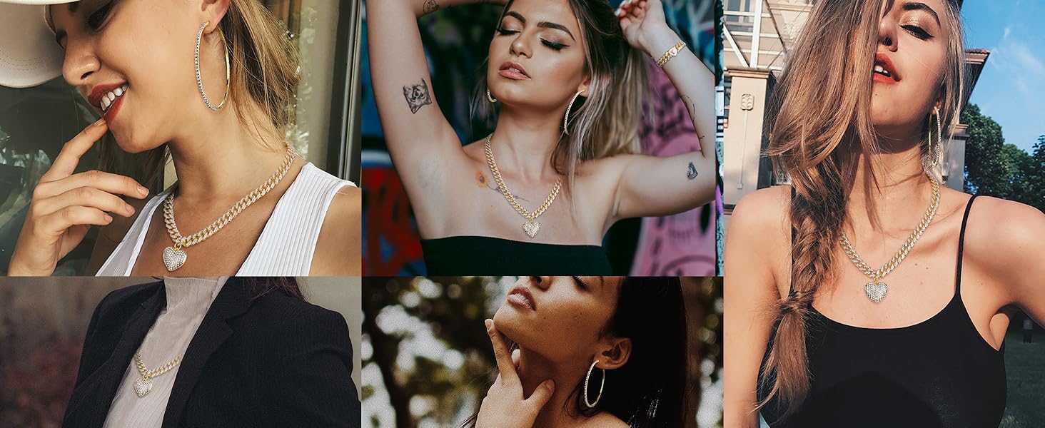 ORAZIO Cuban Link Chain Jewelry Set Cuban Chain Necklace Cuban Link Bracelet Rhinestone Hoop Earrings Gold/Silver Iced Out Chain Heart CZ Clear Cuban Link Chain Big Circle Earrings Hip Hop Cuban Link Chain For Women ORAZIO Cuban Link Chain Jewelry Set Cuban Chain Necklace Cuban Link Bracelet Rhinestone Hoop Earrings Gold/Silver Iced Out Chain Heart CZ Clear Cuban Link Chain Big Circle Earrings Hip Hop Cuban Link Chain For Women